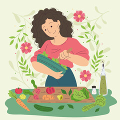 Happy girl character making a salad Vegan lifestyle Vector