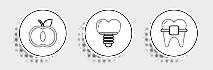Set line Teeth with braces, Apple and Dental implant icon. Vector