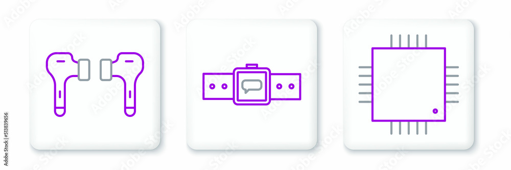 Poster set line processor with microcircuits cpu, air headphones and smartwatch icon. vector