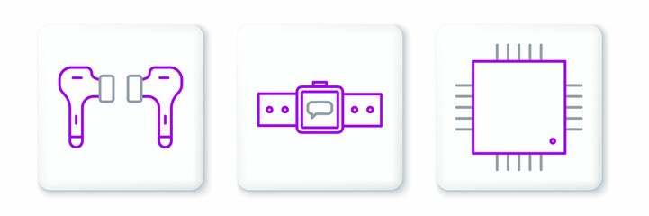 Set line Processor with microcircuits CPU, Air headphones and Smartwatch icon. Vector