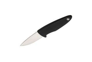 Modern hunting knife with silver blade and rubber handle. Steel arms. Isolate on a white back