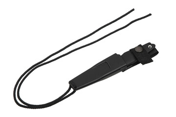 Modern hunting knife with silver blade and rubber handle. Steel arms. Isolate on a white back