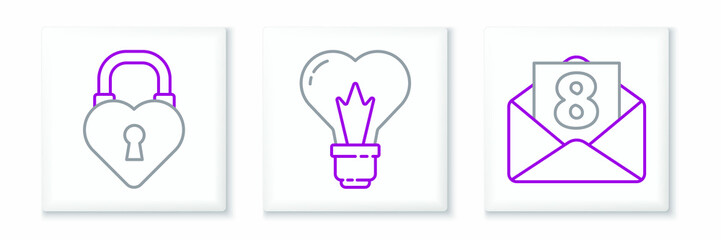 Set line Envelope with 8 March, Castle in the shape of heart and Heart light bulb icon. Vector