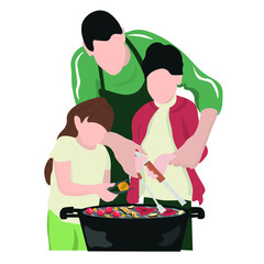 Father with little children cooking food on barbecue grill