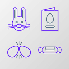 Set line Candy, Easter eggs, Greeting card with Happy and rabbit icon. Vector