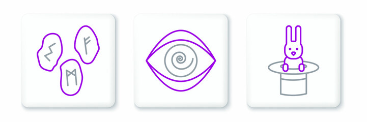 Set line Magician hat and rabbit, runes and Hypnosis icon. Vector