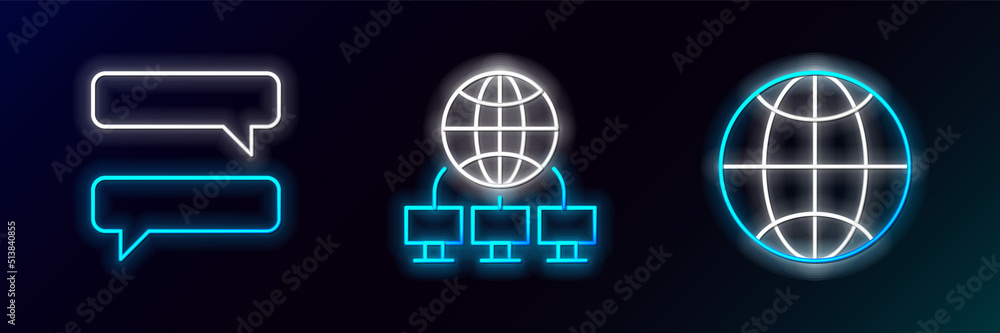 Poster set line social network, speech bubble chat and computer icon. glowing neon. vector