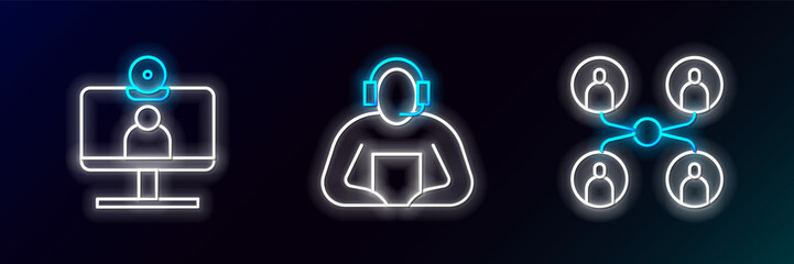 Set line Online class, Video chat conference and Student icon. Glowing neon. Vector