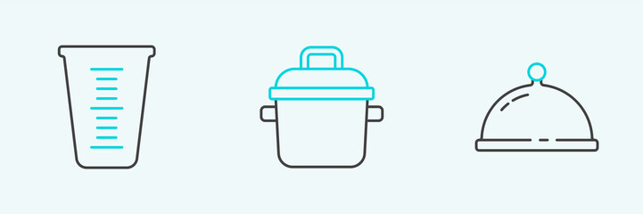 Set line Covered with tray of food, Measuring cup and Cooking pot icon. Vector