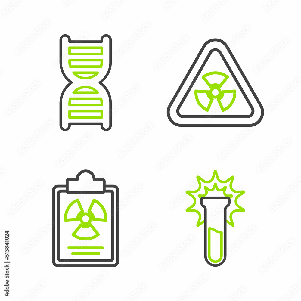 Poster set line test tube and flask, radiation warning document, triangle with radiation and dna symbol ico