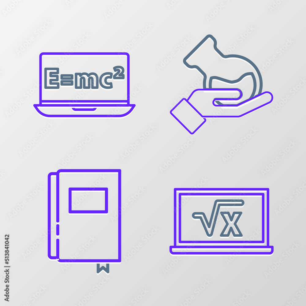 Poster set line square root of x glyph, book, test tube and flask and equation solution icon. vector
