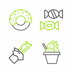 Set line Ice cream in bowl, Bitten chocolate bar, Candy and Donut icon. Vector