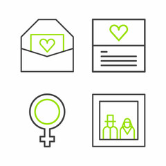 Set line Family photo, Female gender symbol, Greeting card and Envelope with Valentine heart icon. Vector