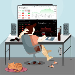 A man looks at stocks or coins from home on a giant monitor while casually drinking red wine and listening to music accompanied by a sleeping cat. Vector flat illustration trading from home