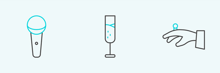 Set line Wedding rings on hand, Microphone and Glass of champagne icon. Vector