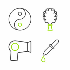 Set line Pipette, Hair dryer, Sauna broom and Yin Yang icon. Vector