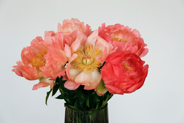 Beautiful bouquet of peonies in a glass vase on table. Visible petal structure. Bright patterns of flower buds. Top view, close up, copy space, white wall background.