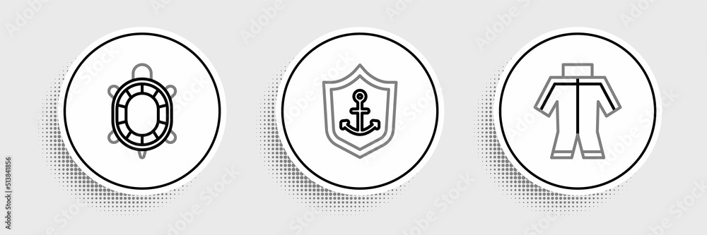 Poster set line wetsuit, turtle and anchor inside shield icon. vector