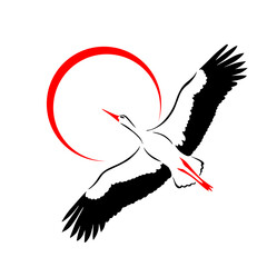 Flying stork and sun. Vector illustration. Flying stork silhouette logo.