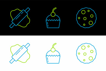 Set line Cookie or biscuit, Rolling pin on dough and Cake icon. Vector