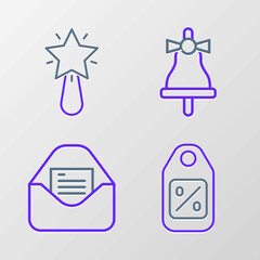 Set line Price tag with Sale, Christmas party invitation card, Merry ringing bell and star icon. Vector