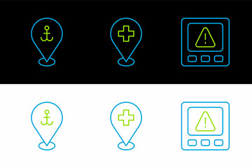 Set line Gps device error, Location with anchor and Medical location cross icon. Vector