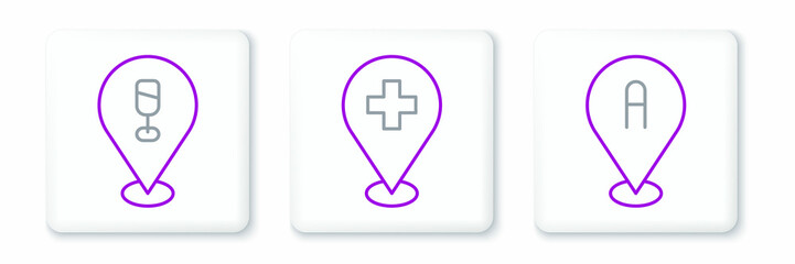 Set line Location, Alcohol or beer bar location and Medical with cross icon. Vector