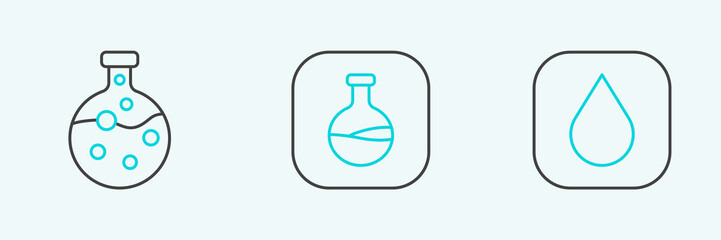 Set line Water drop, Test tube and flask and icon. Vector