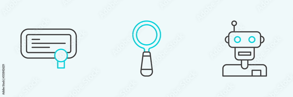 Poster set line robot, certificate template and magnifying glass icon. vector