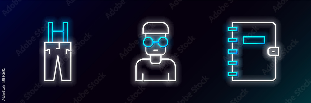 Poster set line spiral notebook, pants with suspenders and nerd geek icon. glowing neon. vector