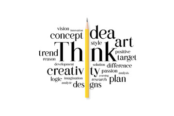 Creative idea concept. Yellow pencil is combined with words related to workflow and creativity words cloud that easy to understand and easy to remember. Symbol of the creative process.