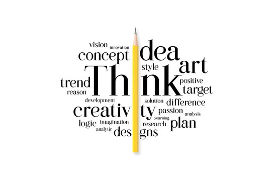 Creative idea concept. Yellow pencil is combined with words related to workflow and creativity words cloud that easy to understand and easy to remember. Symbol of the creative process.