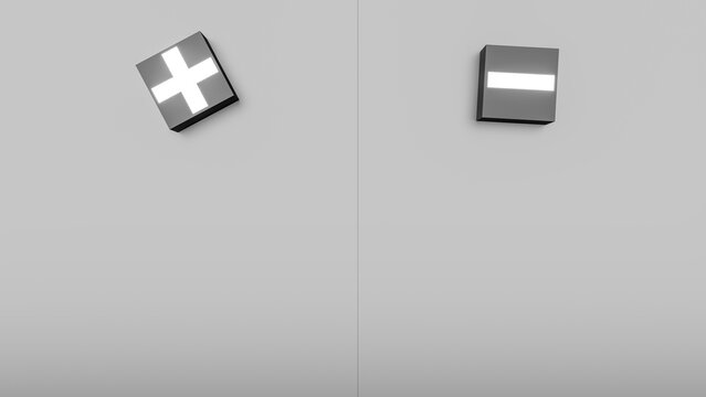 Cubes With A Plus And A Minus Sign On A White Background Separated By A Line With Space For Text. Banner For Design Or Text With Plus And Minus.3d Render.