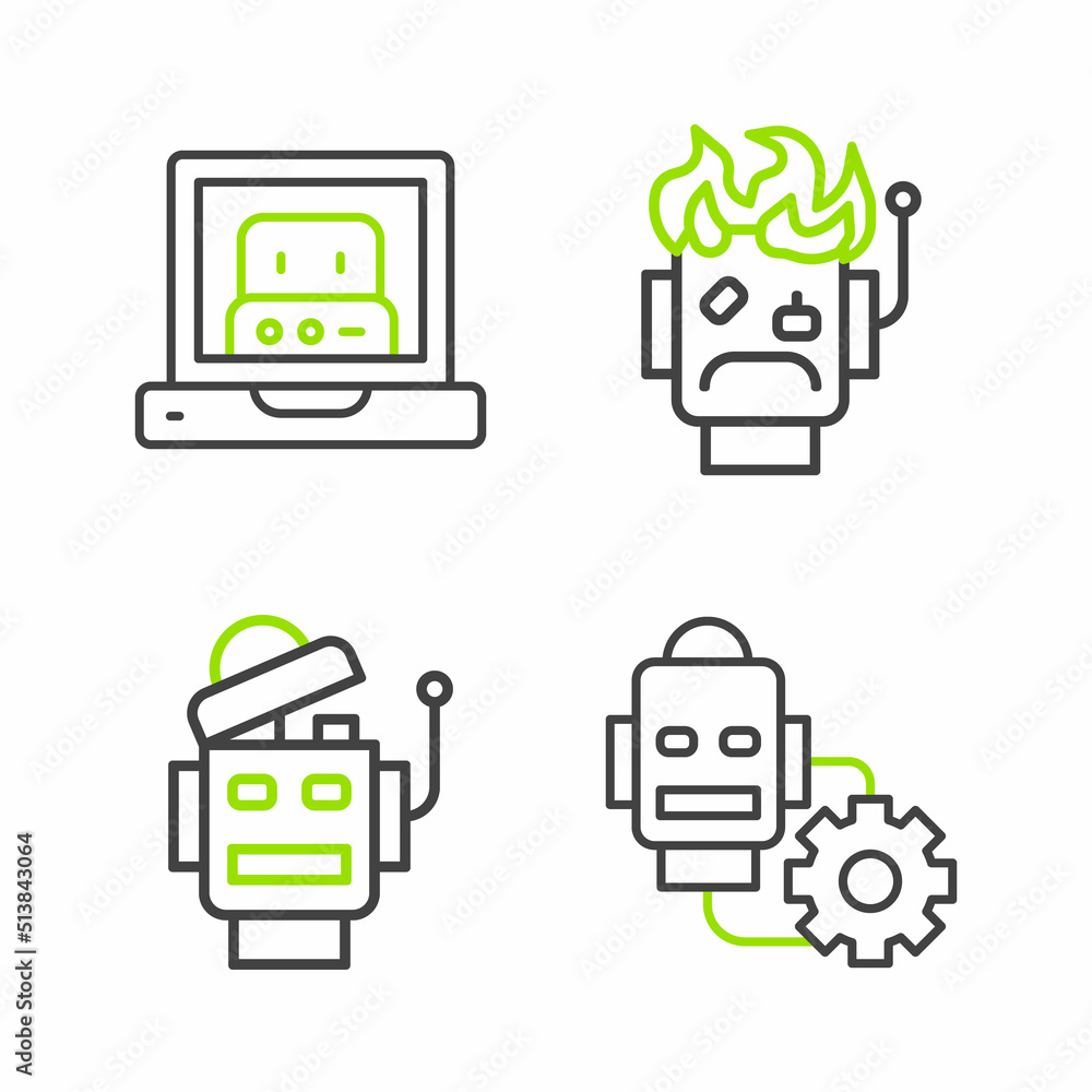 Poster Set line Robot setting, burned out and Creating robot icon. Vector