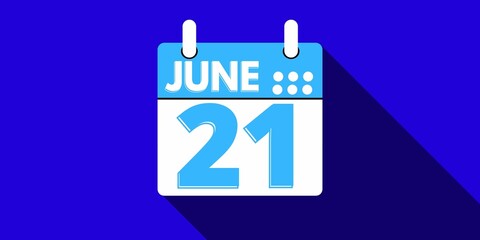 21 june. calendar with the day twenty one of the month of june in blue color and background blue