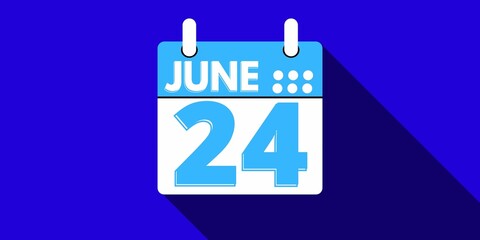 24 june. calendar with the day twenty four of the month of june in blue color and background blue