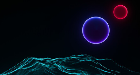 Pink and purple planet in the black sky against the backdrop of a glowing turquoise landscape relief mountain. Retro futuristic minimalism. 3D render. © Binkontan