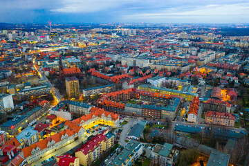 Fototapeta na wymiar Aerial view of modern landscape of Polish city of Katowice on spring evening, Silesian Voivodeship