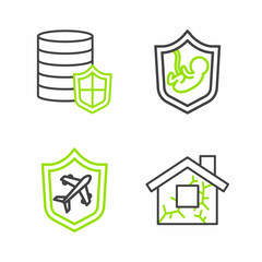 Obraz premium Set line House, Plane with shield, Life insurance and Money icon. Vector