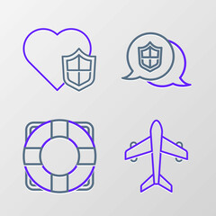 Set line Plane, Lifebuoy, Location shield and insurance with icon. Vector