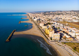 Aerial photo of Mediterranean seashore and pocket beaches in Cunit, province of Tarragona, Spain.