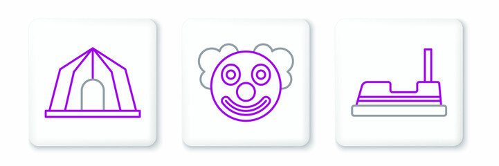 Set line Bumper car, Circus tent and Clown head icon. Vector