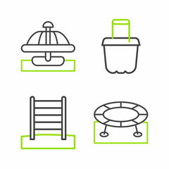 Set line Jumping trampoline, Swedish wall, Sand bucket and Attraction carousel icon. Vector