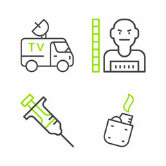 Set line Lighter, Syringe, Suspect criminal and TV News car icon. Vector
