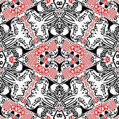 Red black seamless arabesque mosaic bandana pattern. Modern masculine neckerchief geometric scarf print, Abstract graphic fashion and wallpaper art tile. - obrazy, fototapety, plakaty