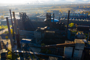 Fototapeta premium Aerial view of big industrial zone of closed metallurgical factory complex in Ostrava