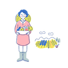 収穫物を持っている野菜農家の女性と畑