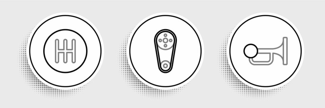 Set line Signal horn on vehicle, Gear shifter and Timing belt kit icon. Vector
