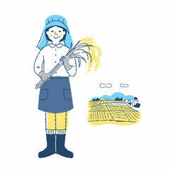 稲穂を持っている稲作農家の女性と田んぼ
