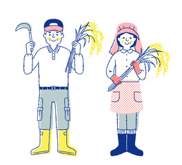 稲穂を持っている稲作農家の男女